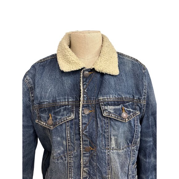 Aeropostale Denim Sherpa Jacket Upcycled Rolling Stones Hand Painted Graphic Art - Picture 7 of 13